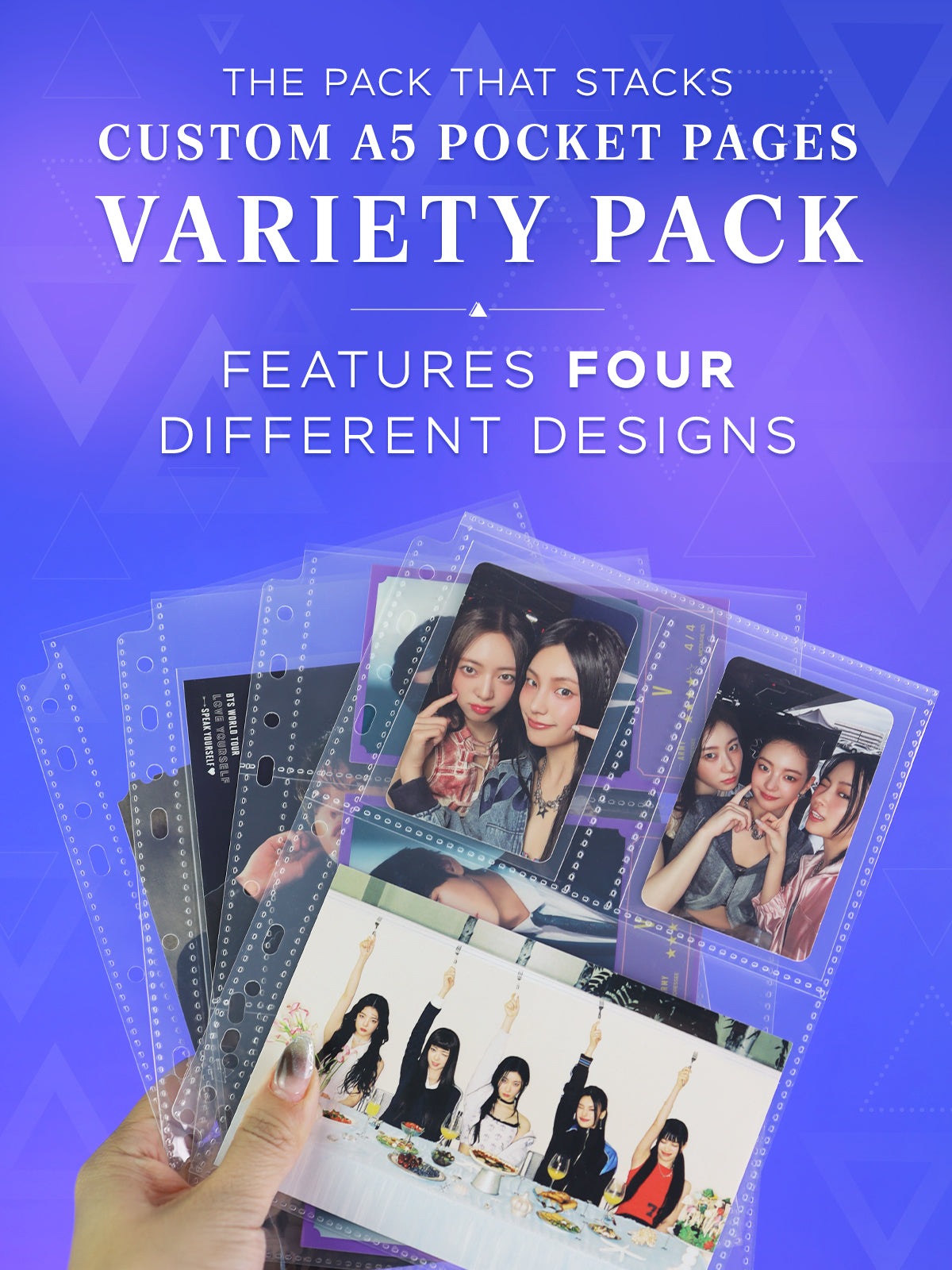 Custom A5 pocket pages variety pack with four different designs on a blue background