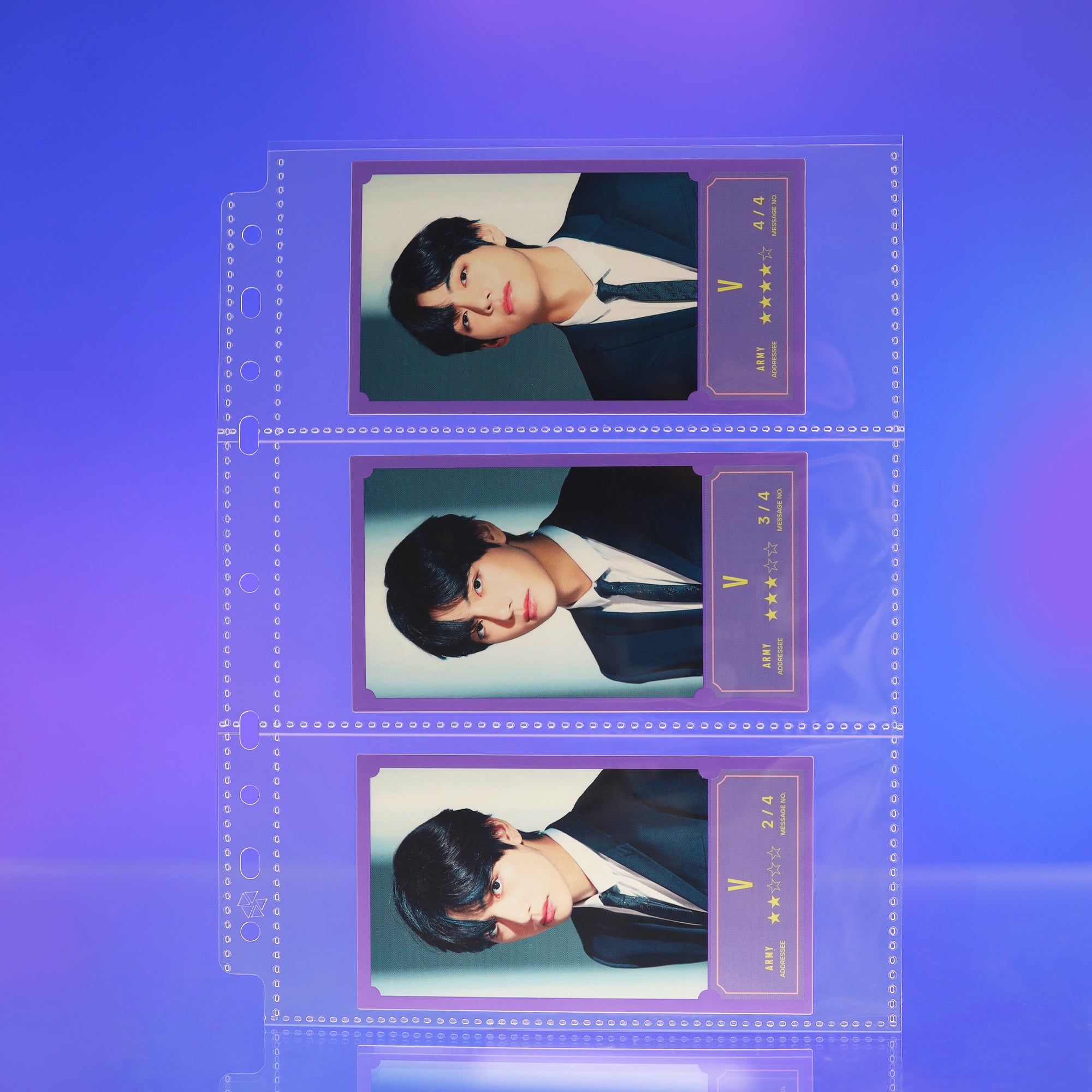 Clear custom A5 binder sheet protector with three horizontal pockets, each pocket holding a kpop collectible inclusion.