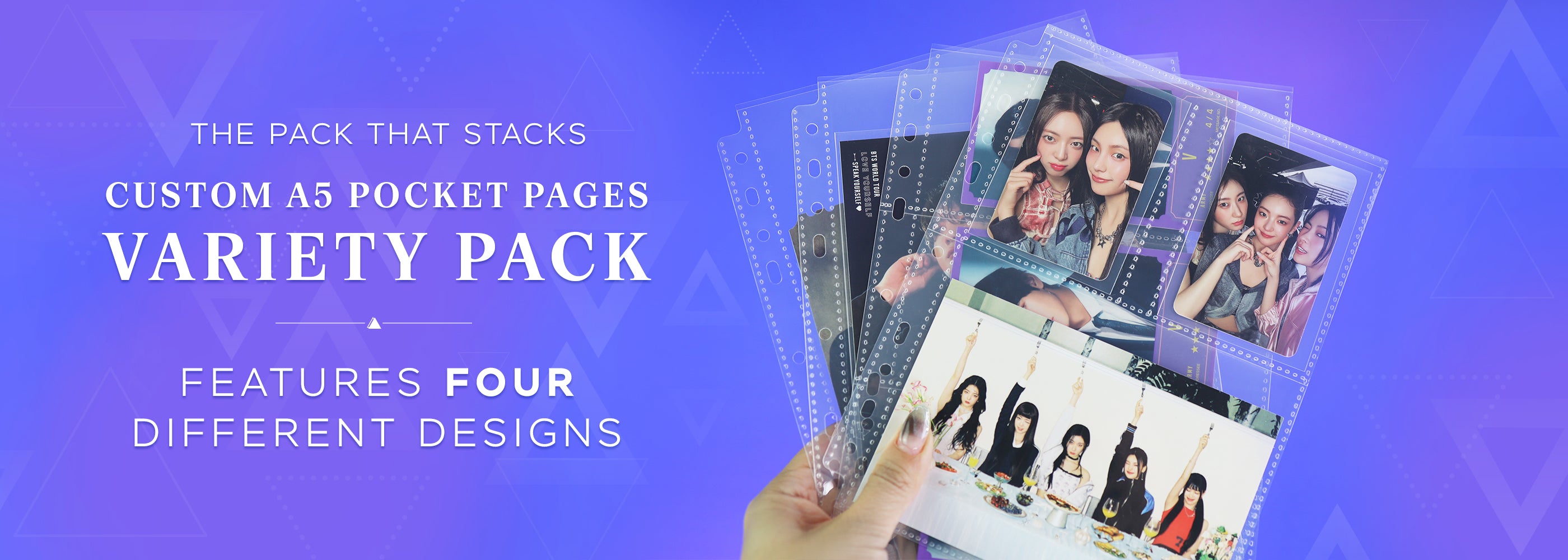 Custom A5 pocket pages variety pack with four different designs on a purple background