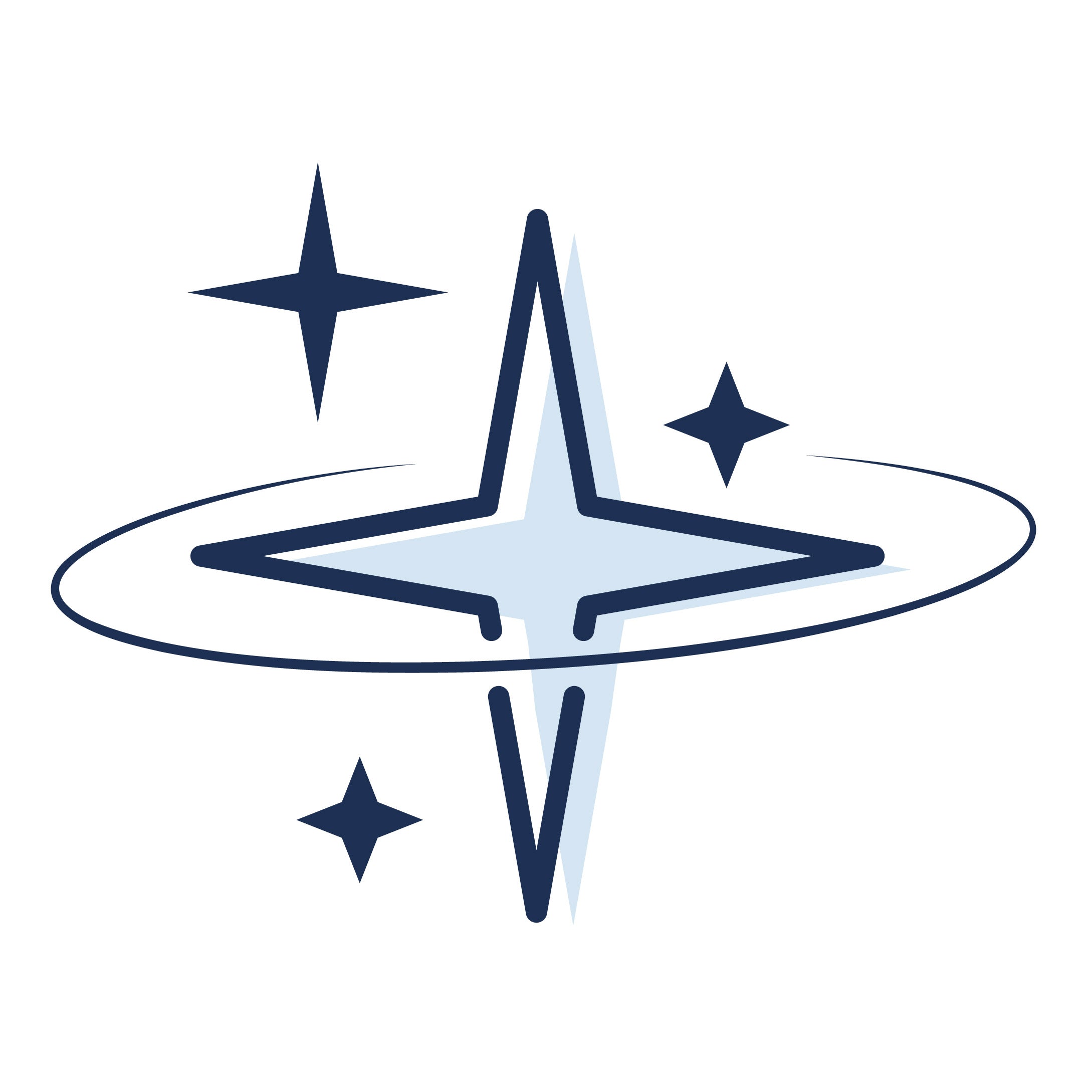 Logo with a stylized star and circular design on a white background