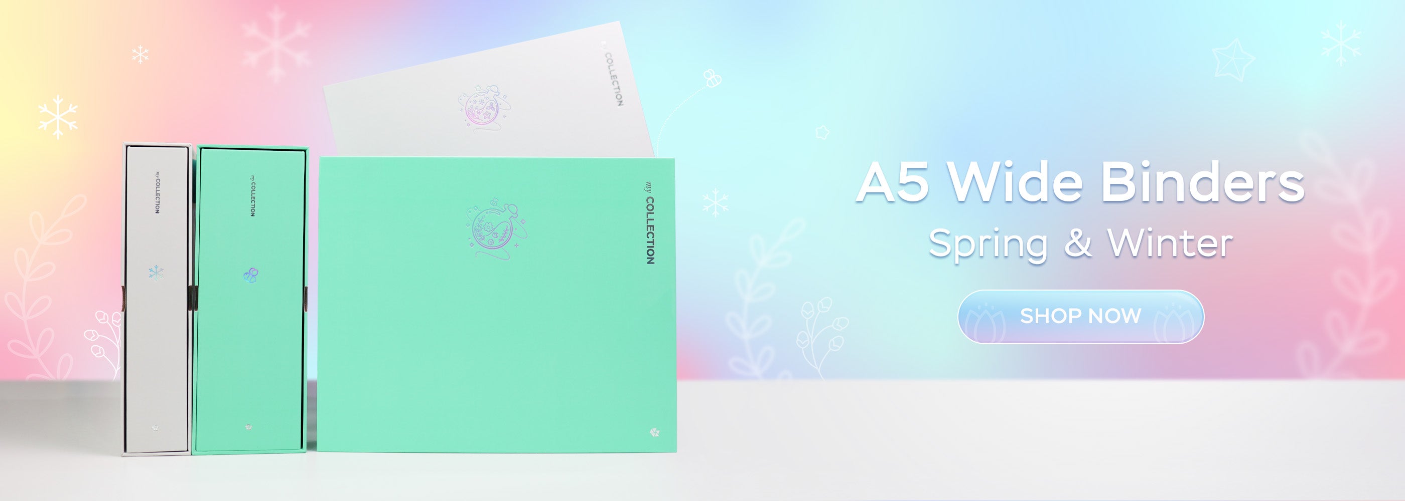 Mint green and light grey A5 wide binders with a pastel gradient background and text indicating 'Spring & Winter' sale.